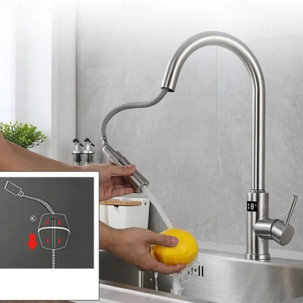 Touchless Sensor Kitchen Faucet Sink Mixer Tap Touch on with Pull Out 2 Mode Sprayer, Digital Display 360 Swivel Single Handle Taps Stainless Steel Deck Mounted, Water Vessel Taps