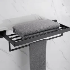 Towel Rack Multifunction Premium Design Stainless Steel Bathroom Shelf Wall Mounted Matte Black 1pc