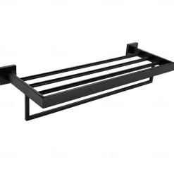 Towel Rack Multifunction Premium Design Stainless Steel Bathroom Shelf Wall Mounted Matte Black 1pc