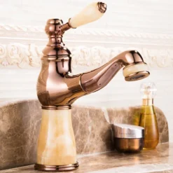 Traditional Bathroom Faucet Pull Out Basin Sink Mixer Taps Short/Tall, Vintage Brass Vessel Taps Ceramic Single Handle, with Cold and Hot Hose