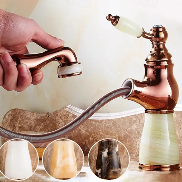 Traditional Bathroom Faucet Pull Out Basin Sink Mixer Taps Short/Tall, Vintage Brass Vessel Taps Ceramic Single Handle, with Cold and Hot Hose