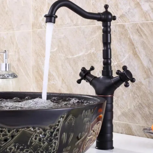 Traditional Brass Bathroom Sink Faucet,Black Oil-rubbed Bronze Deck Mounted Two Handles One Hole Bath Taps with Zinc Alloy Handle,Hot and Cold Switch and Ceramic Valve