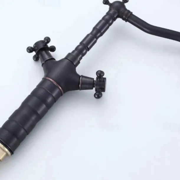 Traditional Brass Bathroom Sink Faucet,Black Oil-rubbed Bronze Deck Mounted Two Handles One Hole Bath Taps with Zinc Alloy Handle,Hot and Cold Switch and Ceramic Valve