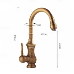 Traditional Kitchen Sink Mixer Faucet Swivel Spout Rotates 360°, Retro Style Single Handle Kitchen Taps Deck Mounted, One Hole Brass Vintage Water Vessel Taps