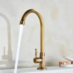 Traditional Kitchen Sink Faucet Cold Water Only, Retro Brass Single Handle Kitchen Tap Golden Electroplated Standard Spout