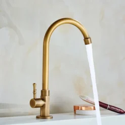 Traditional Kitchen Sink Faucet Cold Water Only, Retro Brass Single Handle Kitchen Tap Golden Electroplated Standard Spout