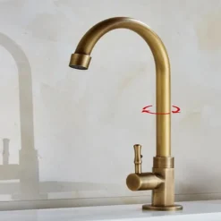 Traditional Kitchen Sink Faucet Cold Water Only, Retro Brass Single Handle Kitchen Tap Golden Electroplated Standard Spout