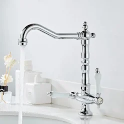 Traditional Kitchen Sink Mixer Faucet, Retro Style Vessel Kitchen Taps Dual Handles One Hole Rotatable Chrome/Brass/Nickel Brushed Standard Spout