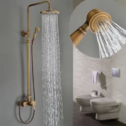 Traditional Shower Faucets Set, Wall Mount Antique Brass Tap with 8 Inch Round Rainfall Shower Head Wide Spout Brass Handheld Sprayer, Bathroom Shower System Vintage Brushed Rainfall Shower Suit