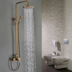 Traditional Shower Faucets Set, Wall Mount Antique Brass Tap with 8 Inch Round Rainfall Shower Head Wide Spout Brass Handheld Sprayer, Bathroom Shower System Vintage Brushed Rainfall Shower Suit