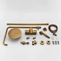 Traditional Shower Faucets Set, Wall Mount Antique Brass Tap with 8 Inch Round Rainfall Shower Head Wide Spout Brass Handheld Sprayer, Bathroom Shower System Vintage Brushed Rainfall Shower Suit