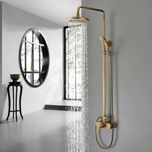 Traditional Shower Faucets Set, Wall Mount Antique Brass Tap with 8 Inch Round Rainfall Shower Head Wide Spout Brass Handheld Sprayer, Bathroom Shower System Vintage Brushed Rainfall Shower Suit