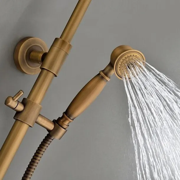 Traditional Shower Faucets Set, Wall Mount Antique Brass Tap with 8 Inch Round Rainfall Shower Head Wide Spout Brass Handheld Sprayer, Bathroom Shower System Vintage Brushed Rainfall Shower Suit