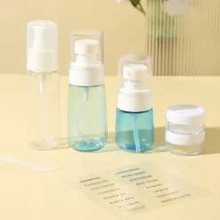Travel Bottles Set 7-Piece, Refillable Cosmetic and Toiletry Containers, Shampoo, Lotion, Face Wash, Squeeze, Press, and Spray Bottles for Packing