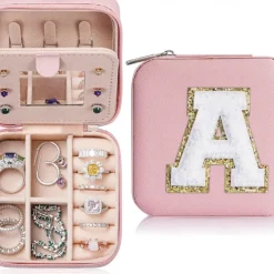 Trendy Travel Jewelry Case, Personalized Gifts,Pink Travel Jewelry Box,Birthday Gifts for Women Valentine's Day Gifts for Teens Girls Initial Travel Jewelry Case