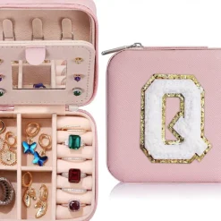 Trendy Travel Jewelry Case, Personalized Gifts,Pink Travel Jewelry Box,Birthday Gifts for Women Valentine's Day Gifts for Teens Girls Initial Travel Jewelry Case