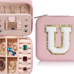 Trendy Travel Jewelry Case, Personalized Gifts,Pink Travel Jewelry Box,Birthday Gifts for Women Valentine's Day Gifts for Teens Girls Initial Travel Jewelry Case