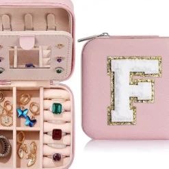Trendy Travel Jewelry Case, Personalized Gifts,Pink Travel Jewelry Box,Birthday Gifts for Women Valentine's Day Gifts for Teens Girls Initial Travel Jewelry Case