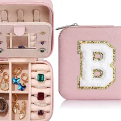 Trendy Travel Jewelry Case, Personalized Gifts,Pink Travel Jewelry Box,Birthday Gifts for Women Valentine's Day Gifts for Teens Girls Initial Travel Jewelry Case