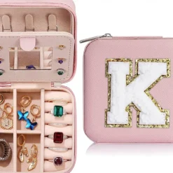Trendy Travel Jewelry Case, Personalized Gifts,Pink Travel Jewelry Box,Birthday Gifts for Women Valentine's Day Gifts for Teens Girls Initial Travel Jewelry Case