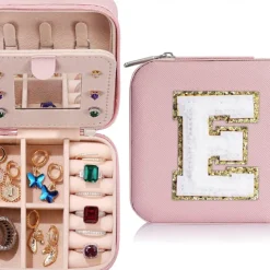 Trendy Travel Jewelry Case, Personalized Gifts,Pink Travel Jewelry Box,Birthday Gifts for Women Valentine's Day Gifts for Teens Girls Initial Travel Jewelry Case