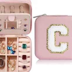 Trendy Travel Jewelry Case, Personalized Gifts,Pink Travel Jewelry Box,Birthday Gifts for Women Valentine's Day Gifts for Teens Girls Initial Travel Jewelry Case