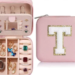 Trendy Travel Jewelry Case, Personalized Gifts,Pink Travel Jewelry Box,Birthday Gifts for Women Valentine's Day Gifts for Teens Girls Initial Travel Jewelry Case