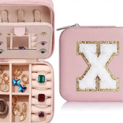 Trendy Travel Jewelry Case, Personalized Gifts,Pink Travel Jewelry Box,Birthday Gifts for Women Valentine's Day Gifts for Teens Girls Initial Travel Jewelry Case