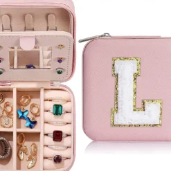 Trendy Travel Jewelry Case, Personalized Gifts,Pink Travel Jewelry Box,Birthday Gifts for Women Valentine's Day Gifts for Teens Girls Initial Travel Jewelry Case