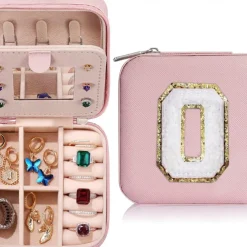 Trendy Travel Jewelry Case, Personalized Gifts,Pink Travel Jewelry Box,Birthday Gifts for Women Valentine's Day Gifts for Teens Girls Initial Travel Jewelry Case