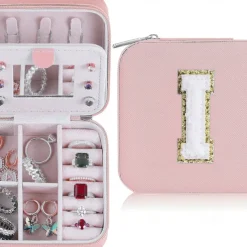 Trendy Travel Jewelry Case, Personalized Gifts,Pink Travel Jewelry Box,Birthday Gifts for Women Valentine's Day Gifts for Teens Girls Initial Travel Jewelry Case