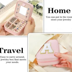 Trendy Travel Jewelry Case, Personalized Gifts,Pink Travel Jewelry Box,Birthday Gifts for Women Valentine's Day Gifts for Teens Girls Initial Travel Jewelry Case