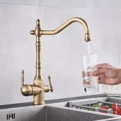 Twin Lever Kitchen Purify Taps Sink Mixer Faucet, 360 Rotation Water Purification Spout Deck Mounted, Dual Handle Single Hole Vessel Tap with Cold and Hot Hose