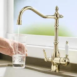 Twin Lever Kitchen Purify Taps Sink Mixer Faucet, 360 Rotation Water Purification Spout Deck Mounted, Dual Handle Single Hole Vessel Tap with Cold and Hot Hose