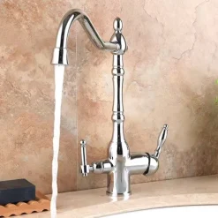 Twin Lever Kitchen Purify Taps Sink Mixer Faucet, 360 Rotation Water Purification Spout Deck Mounted, Dual Handle Single Hole Vessel Tap with Cold and Hot Hose