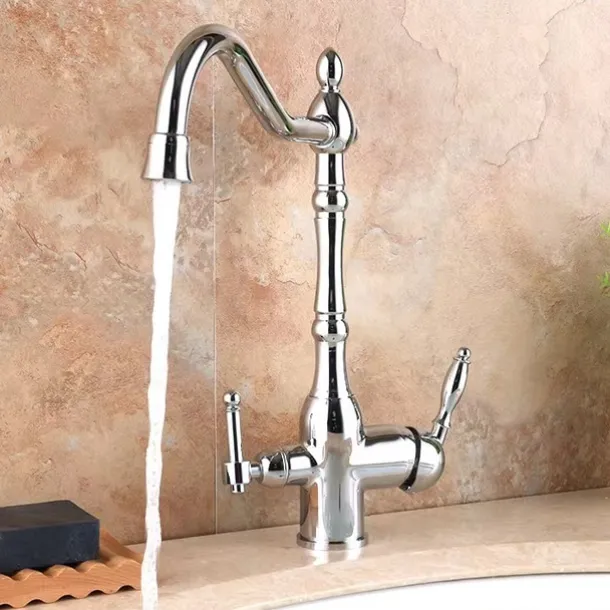 Twin Lever Kitchen Purify Taps Sink Mixer Faucet, 360 Rotation Water Purification Spout Deck Mounted, Dual Handle Single Hole Vessel Tap with Cold and Hot Hose