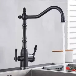 Twin Lever Kitchen Purify Taps Sink Mixer Faucet, 360 Rotation Water Purification Spout Deck Mounted, Dual Handle Single Hole Vessel Tap with Cold and Hot Hose