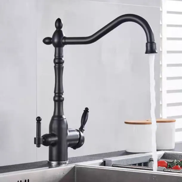 Twin Lever Kitchen Purify Taps Sink Mixer Faucet, 360 Rotation Water Purification Spout Deck Mounted, Dual Handle Single Hole Vessel Tap with Cold and Hot Hose
