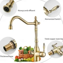 Twin Lever Kitchen Purify Taps Sink Mixer Faucet, 360 Rotation Water Purification Spout Deck Mounted, Dual Handle Single Hole Vessel Tap with Cold and Hot Hose