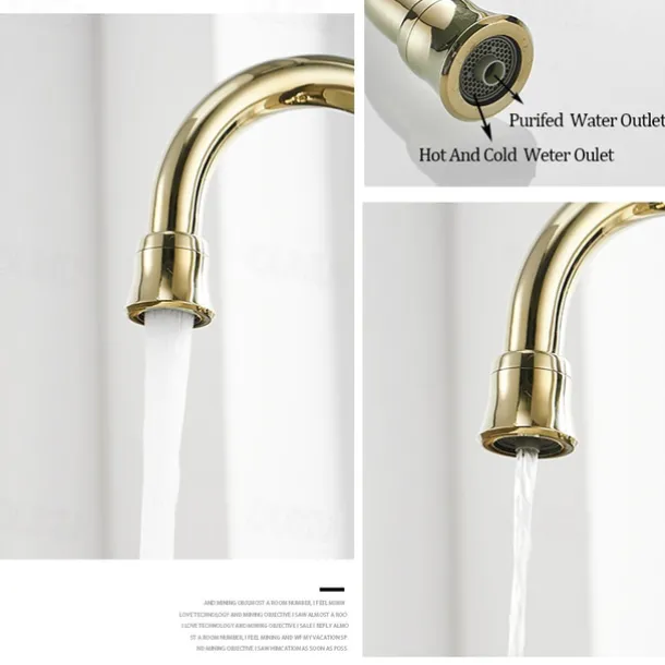 Twin Lever Kitchen Purify Taps Sink Mixer Faucet, 360 Rotation Water Purification Spout Deck Mounted, Dual Handle Single Hole Vessel Tap with Cold and Hot Hose