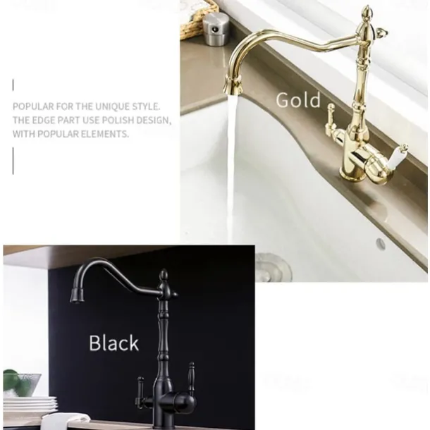 Twin Lever Kitchen Purify Taps Sink Mixer Faucet, 360 Rotation Water Purification Spout Deck Mounted, Dual Handle Single Hole Vessel Tap with Cold and Hot Hose