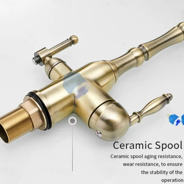 Twin Lever Kitchen Purify Taps Sink Mixer Faucet, 360 Rotation Water Purification Spout Deck Mounted, Dual Handle Single Hole Vessel Tap with Cold and Hot Hose