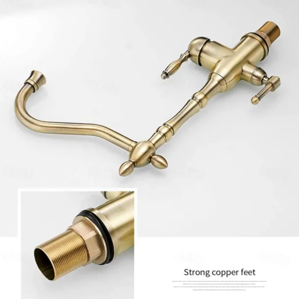 Twin Lever Kitchen Purify Taps Sink Mixer Faucet, 360 Rotation Water Purification Spout Deck Mounted, Dual Handle Single Hole Vessel Tap with Cold and Hot Hose