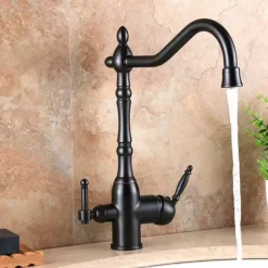 Twin Lever Kitchen Purify Taps Sink Mixer Faucet, 360 Rotation Water Purification Spout Deck Mounted, Dual Handle Single Hole Vessel Tap with Cold and Hot Hose