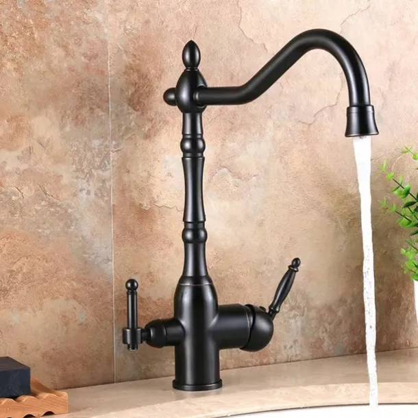 Twin Lever Kitchen Purify Taps Sink Mixer Faucet, 360 Rotation Water Purification Spout Deck Mounted, Dual Handle Single Hole Vessel Tap with Cold and Hot Hose