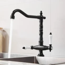 Twin Lever Traditional Kitchen Sink Mixer Taps, Dual Lever Cold and Hot Faucet Deck Mounted, 360° Swivel Spout Sink Tap with 2 Ceramic Handles, Antique Brass Classic Double Handle for Kitchen Bathroom