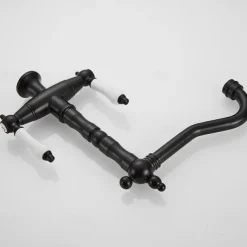 Twin Lever Traditional Kitchen Sink Mixer Taps, Dual Lever Cold and Hot Faucet Deck Mounted, 360° Swivel Spout Sink Tap with 2 Ceramic Handles, Antique Brass Classic Double Handle for Kitchen Bathroom