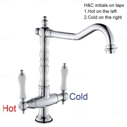 Twin Lever Traditional Kitchen Sink Mixer Taps, Dual Lever Cold and Hot Faucet Deck Mounted, 360° Swivel Spout Sink Tap with 2 Ceramic Handles, Antique Brass Classic Double Handle for Kitchen Bathroom