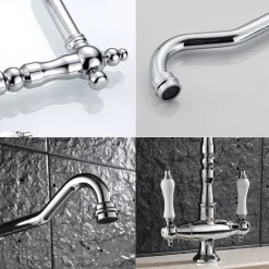 Twin Lever Traditional Kitchen Sink Mixer Taps, Dual Lever Cold and Hot Faucet Deck Mounted, 360° Swivel Spout Sink Tap with 2 Ceramic Handles, Antique Brass Classic Double Handle for Kitchen Bathroom