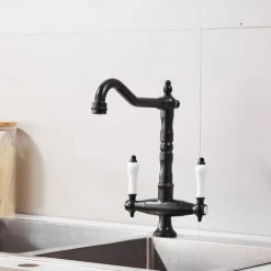 Twin Lever Traditional Kitchen Sink Mixer Taps, Dual Lever Cold and Hot Faucet Deck Mounted, 360° Swivel Spout Sink Tap with 2 Ceramic Handles, Antique Brass Classic Double Handle for Kitchen Bathroom